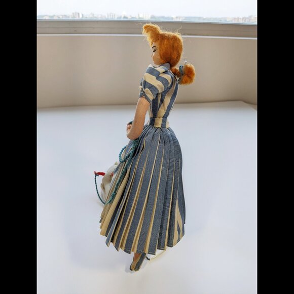 Vintage Cloth Wire Doll Redhead Pigtails Woman Girl with Dog on Leash 11" Cute - Picture 5 of 12